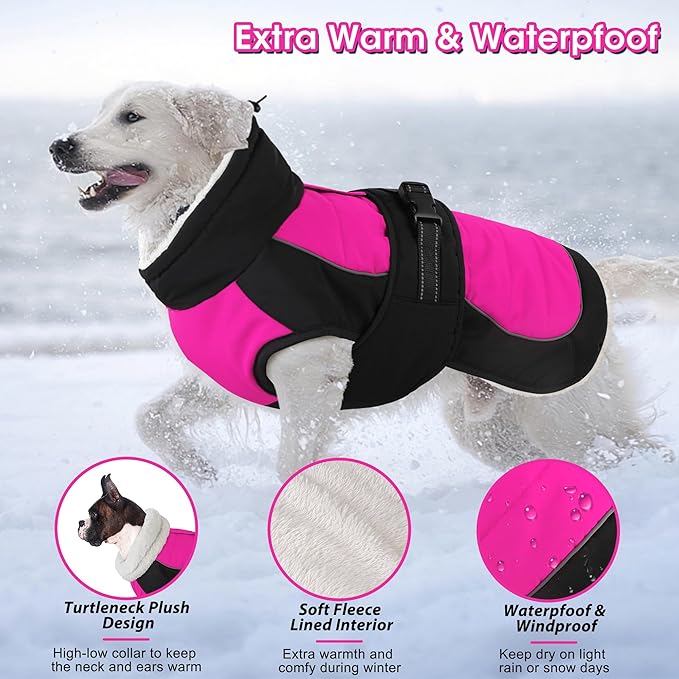 Dogcheer Waterproof Dog Coat, Christmas Dog Winter Jacket, Adjustable Puppy Fleece Coat for Cold Weather, Reflective Turtleneck Snow Jacket for Small Medium Large Dogs - Pink, 3XL