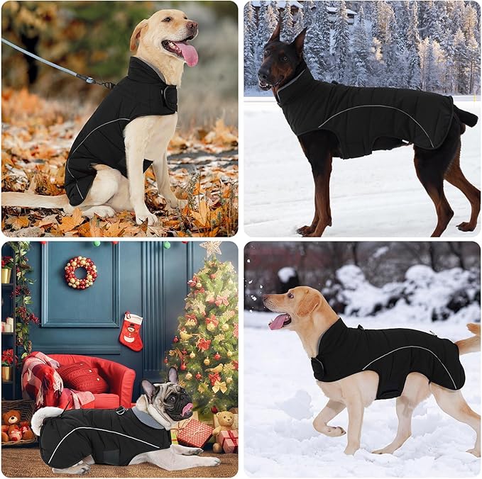 HEYWEAN Dog Winter Coat - Waterproof Windproof Reflective Vest for Medium & Large Breeds Adjustable Warm FleeceLined Jacket with Magic Tape & D-Ring for Leash Cold Weather Apparel (Black, XX-Large)