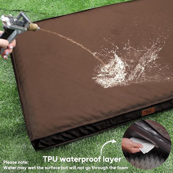 Outdoor Dog Bed for Medium Dogs, Waterproof Dog Crate Mat Orthopedic Egg Crate Foam Pet Bed with Washable Removable Oxford Cover, Brown