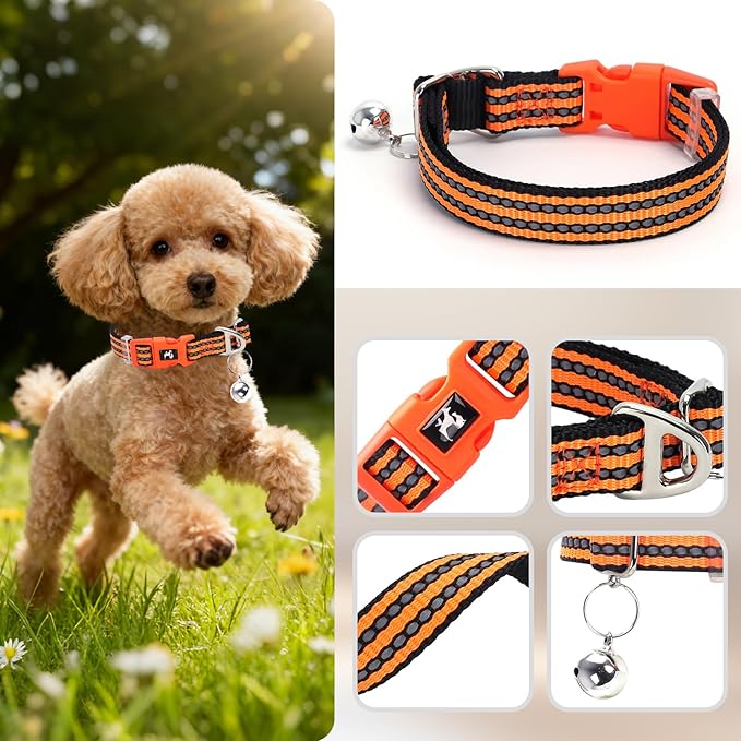 Adjustable Reflective XS/XXS Dog Collar with Bell - Nylon Puppy Collar for Chihuahua, Pomeranian, Small Dogs, Nighttime Safety, Orange XS