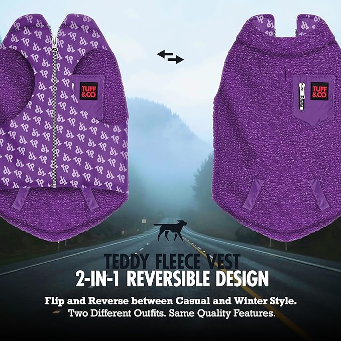 Tuff Pupper Reversible Fleece Sweater Vest for Dogs | Lightweight Comfortable Insulated Jacket | Front Zip Closure | Machine Washable | Built-in Leash Hole | Sizes for All Breeds (XXL, Purple)