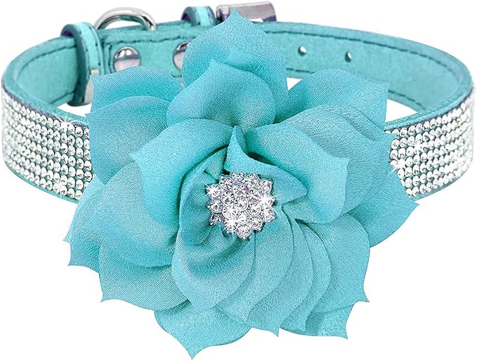 Serijoars Small Dog Collar with Rhinestone Crystal Diamond Colorful Bling Girl Puppy Cat Collars (M, Light Blue6)