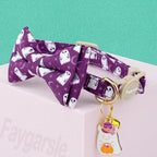 Faygarsle 2 Pack Halloween Ghost Pattern Cat Collar with Bow Tie and Bell, Breakaway Safety Buckle, Pink and Purple