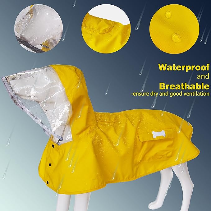 Waterproof Dog Raincoat, Adjustable Reflective Lightweight Pet Rain Clothes with Poncho Hood (XX-Large, Yellow)