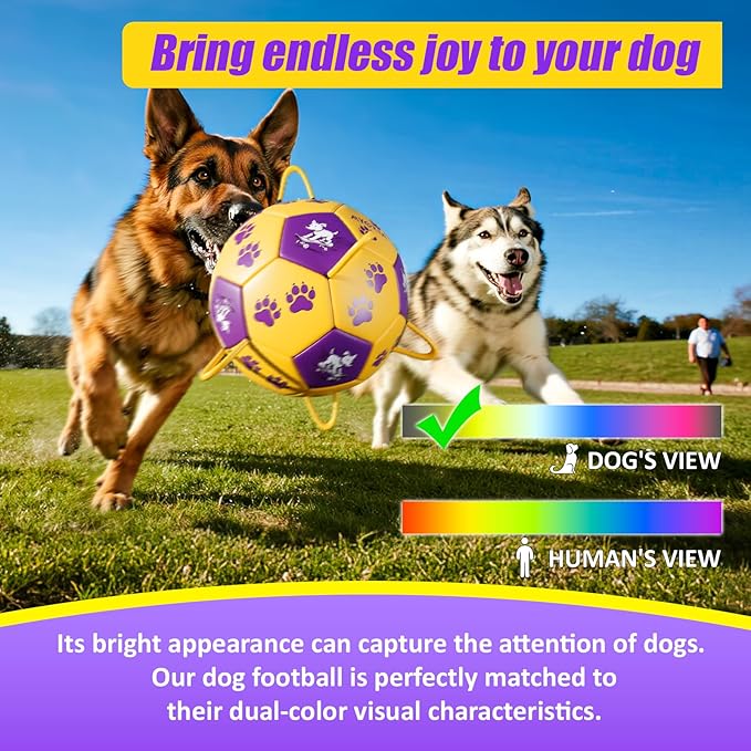 Size 2 Dog Soccer Ball with Straps Durable Training Ball for Pets Interactive Outdoor Dog Toy,Yellow & Purple, Paw and Puppy Design, for Small & Medium Puppie