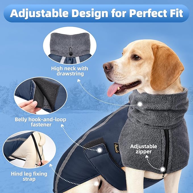SlowTon Winter Dog Coat, Warm Polar Fleece Lining Doggie Outdoor Jacket with Turtleneck Scarf Reflective Stripe Adjustable Waterproof Windproof Puppy Vest Soft Pet Outfits (S,Dark Blue)