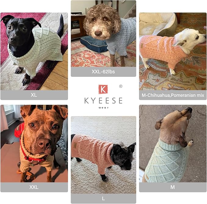 KYEESE Dog Sweater Soft Pet Coats, Long Sleeve Medium Pet Sweater with Classic Cable Knit Warm Dog Clothes Turtleneck Pet Sweater for Medium Dogs, Green, XX-Large