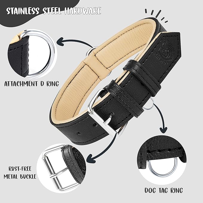 Riparo Adjustable Leather Dog Collar - Heavy Duty Wide Dog Collar for Small, Medium, Large and Extra Large Dogs with Dog Tag Holder (XL: 1.75" Wide for 21”-25” Neck, Black)