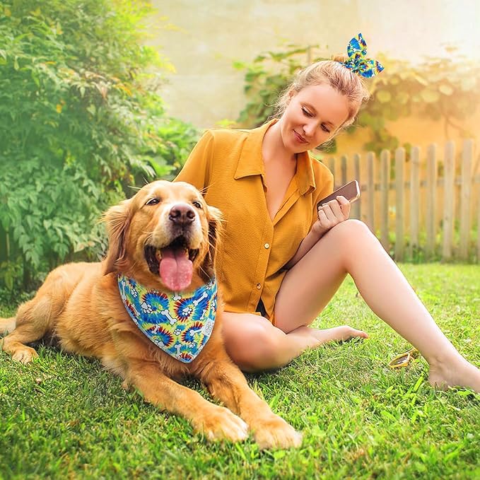 E-Clover Dog Bandanas Boy & Matching Scrunchie Set Girl Cute Rainbow Dog Scarf Bibs Pet Bandana with Bow Tie for Medium Large Dogs Owner Mom Pride