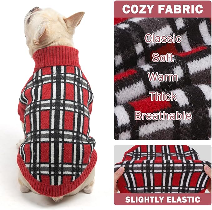 SCENEREAL Turtleneck Dog Sweater for Small Medium Large Dogs Girls Boys, Christmas Plaid Pullover Puppy Sweatershirt, Dogs Cold Weather Outfit Clothes, Ideal Gift for Pet in New Year, Red Plaid S
