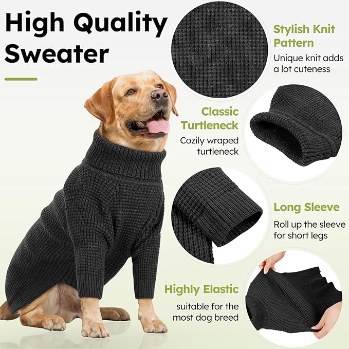 Queenmore Turtleneck Long Sleeve Knitted Sweater with Check Pattern, Warm Dog & Cat Sweater for Small to XXL, Charcoal Gray