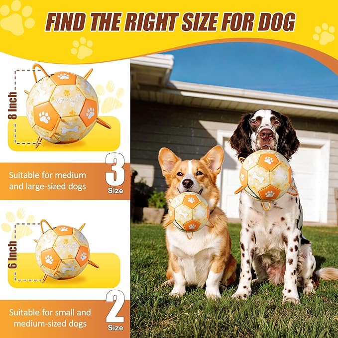 Size 3 Interactive Dog Football with Strap,Orange & Yellow, Eye-Catching Paw and Bones Design, Ideal Outdoor Training Pet Toy, Perfect Choice for Medium & Large Dogs' Playtime