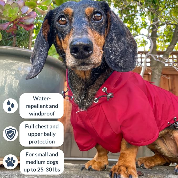 DJANGO Highland Dog Jacket & Raincoat – Water-Repellent, Lined Dog Coat with Hood, Adjustable Fit & Harness Hole – Lightweight Rain & Wind Jacket for Small & Medium Dogs up to 30 lbs (Red, X-Small)
