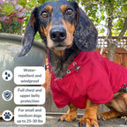 DJANGO Highland Dog Jacket & Raincoat – Water-Repellent, Lined Dog Coat with Hood, Adjustable Fit & Harness Hole – Lightweight Rain & Wind Jacket for Small & Medium Dogs up to 30 lbs (Red, Small)
