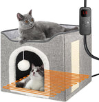 Heated Cat Bed for Indoor Cats, Foldable Cat House with Removable Heating Pad for Cats Small Dog Covered Cat Bed Cave Kitty Hideaway with with Scratch Pad, All Season Use