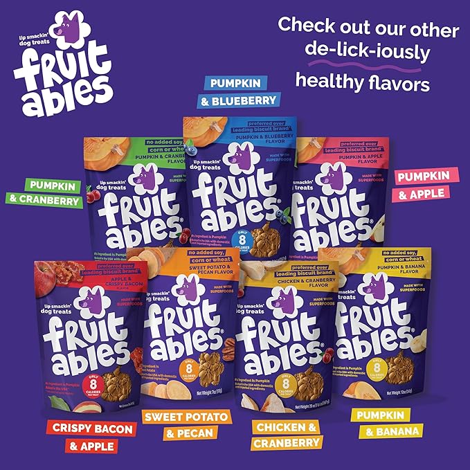 Fruitables Baked Dog Treats, Healthy Pumpkin Treat for Dogs, Low Calorie & Delicious, Free of Wheat, Corn and Soy, Made in The USA, Apple and Crispy Bacon Flavor, 20oz