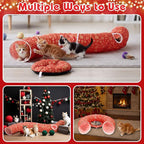 Cat Tunnel Bed Under Christmas Tree 36'' Kitten Circle Donut Tunnel Skirt with Ball Mat Decorative Xmas Folding Home Kitty Guard Tube Holiday Party Indoor Pet(Red Gold,Snowflake)
