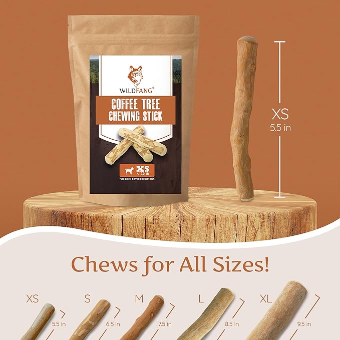 Wildfang® Coffee Wood Dog Chew, XS - Tough Chew Toys for Aggressive Chewers, Dog Teething Toys for Puppies, Training for Chewing Muscles, Coffee Tree Sticks for X-Small Dogs (Under 22 lbs), Pack of 3