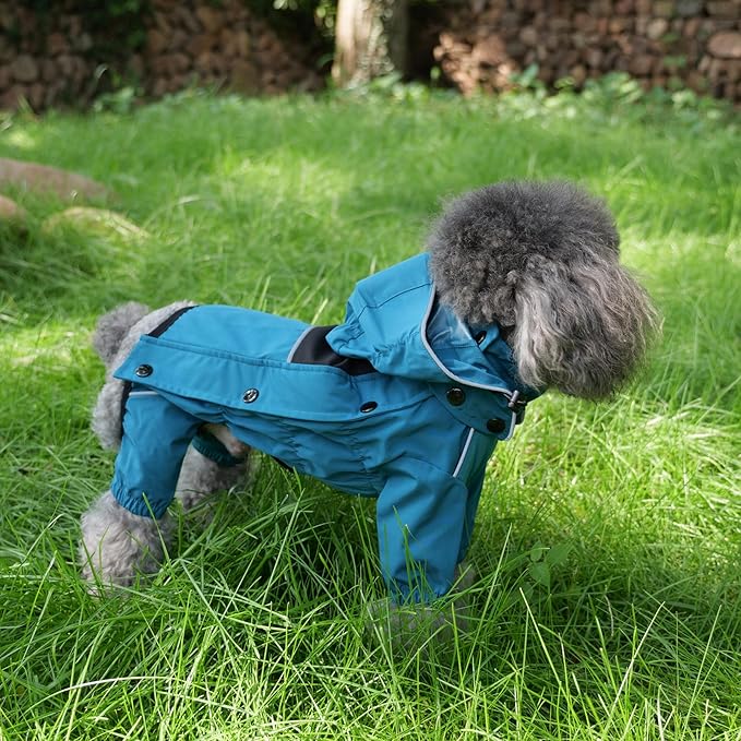 LOVELONGLONG Waterproof Dog Raincoat with Removable Hood – Outdoor Full Body Dog Jacket, Windproof Snowproof Shell Suit – All Season Pet Rain Gear Ocean Teal XXS