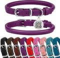 BRONZEDOG Rolled Leather Dog Collar for Small Medium Large Dogs with QR ID Tag (M: 14-16 Inch, Plum)