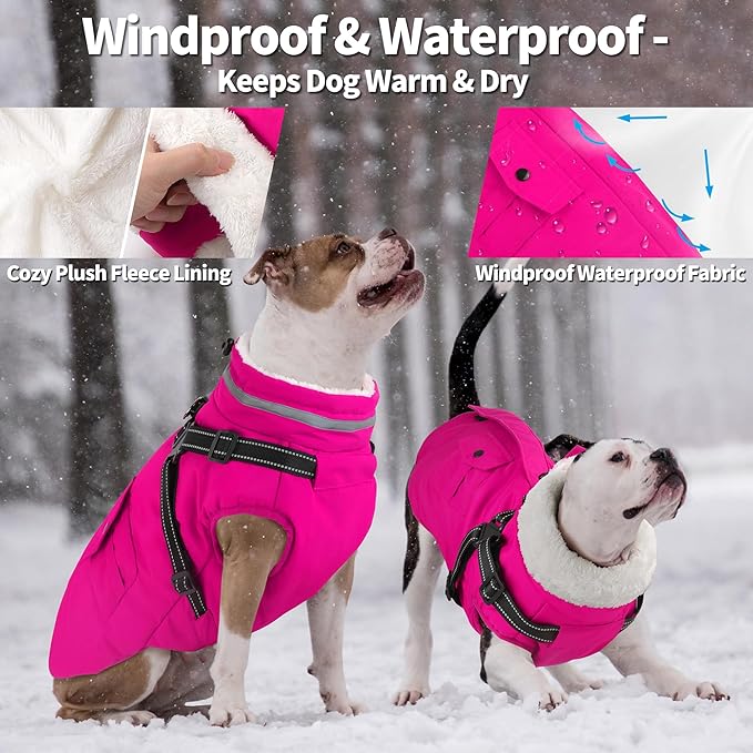 Dogcheer Dog Coat with Harness, Waterproof Warm Dog Winter Jacket with Pockets, Reflective Pet Fleece Jacket Turtleneck Snowsuit for Small Medium Large Dogs - Pink, S