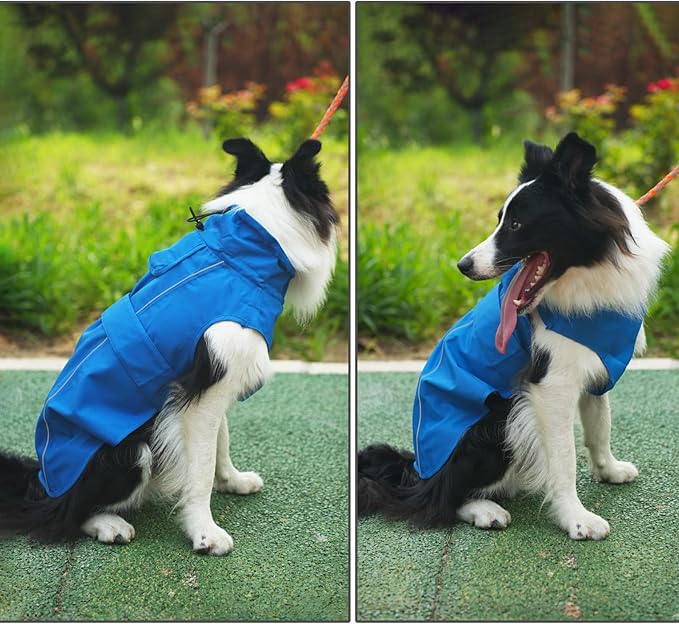 Waterproof Dog Raincoat, Adjustable Lightweight Dog Rain Jacket with Reflective Strip Leash Hole for Small Medium Large Dogs (Blue, 3X-Large(77-94lb))