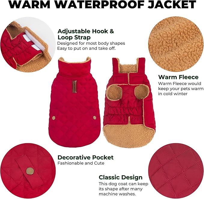 Dog Winter Coat, Dog Jacket with Warm Fleece Lined, Waterproof Windproof Dogs Cold Weather Coats Clothes for Puppy Dogs Snowsuit with Leash Hole, Red Small
