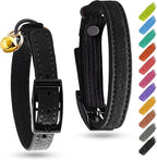 Leather Cat Collar with Bell and Safety Elastic Strap Breakaway Alternative for Small & Large Kittens, Stylish Pet Leather Collar for Boy, Girl Cats with Metal Buckle & QR ID Tag (Black)