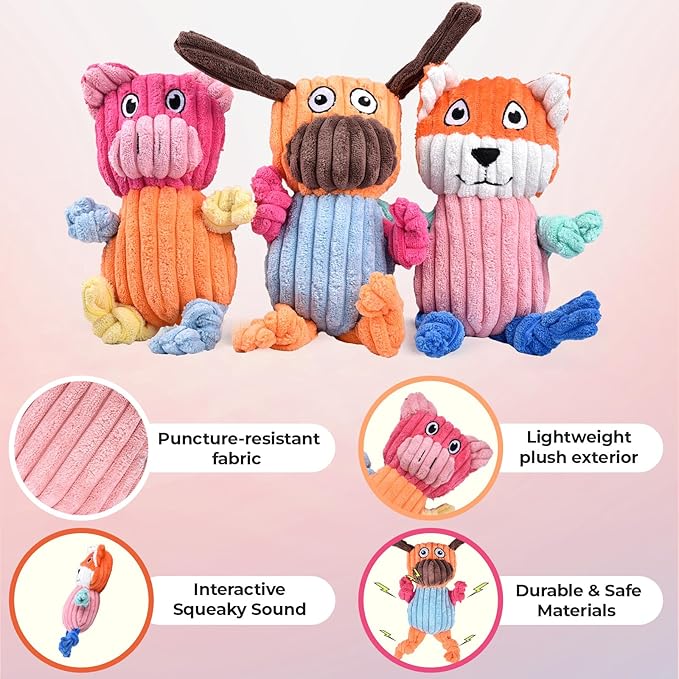 Durable Interactive Squeaky Dog Toys 3-Pack – Tough Chew Toys for Aggressive Chewers & Puppies, Long-Lasting Plush Toy Bundle for Medium/Small Dogs – Noise-Making Pet Gifts to Keep Dogs Busy