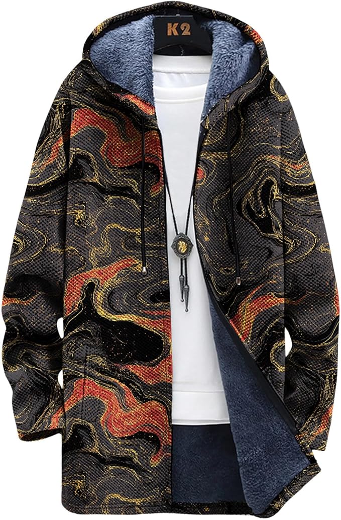 LIZALIG Long Hooded Cardigan Men Japanese Art Style Fashion Cool Graphic Coats Winter Warm Lined Fleece Jacket