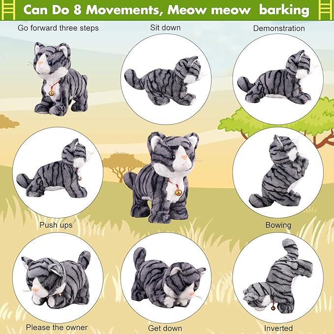 Pattern Gray Robot Cat Plush Cat Stuffed Animal Interactive Cat, Meow Kitten Touch Control, Electronic Cat Pet, Robotic Cat Cat Kitty Toy, Animated Toy Cats for Girls Baby Kids L:12"