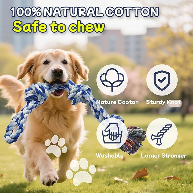 Rocfish [4 Pack] Dog Rope Toys for Aggressive Chewers, Nearly Indestructible Tug of War Toys for Large & Medium Dogs, 100% Cotton, Teeth Cleaning Chew Rope, Heavy Duty Tug of War Dog Toy for Boredom