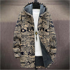Mens Aztec Print Hoodie Heavyweight Cotton Fleece Jacket Zip Up Warm Long Sleeve Hooded Winter Midi Coat