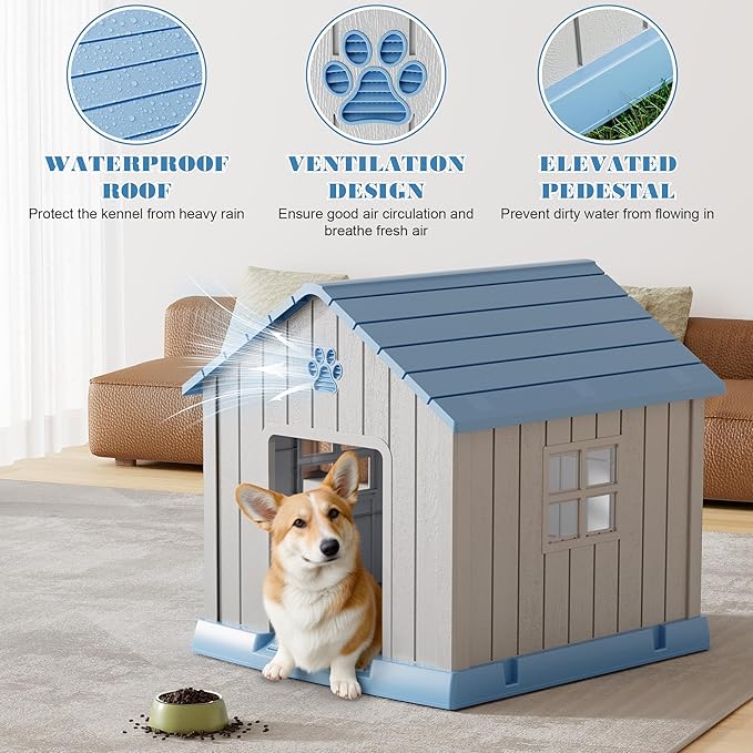 Dog House Outdoor Indoor - Waterproof, Ventilated, Easy to Clean, Elevated Floor for Small-Large Dogs, Easy to Assemble (Blue, 31" L x 33.3" W x 33.5" H)