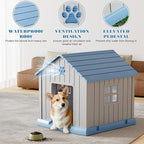 Dog House Outdoor Indoor - Waterproof, Ventilated, Easy to Clean, Elevated Floor for Small-Large Dogs, Easy to Assemble (Blue, 31" L x 33.3" W x 33.5" H)