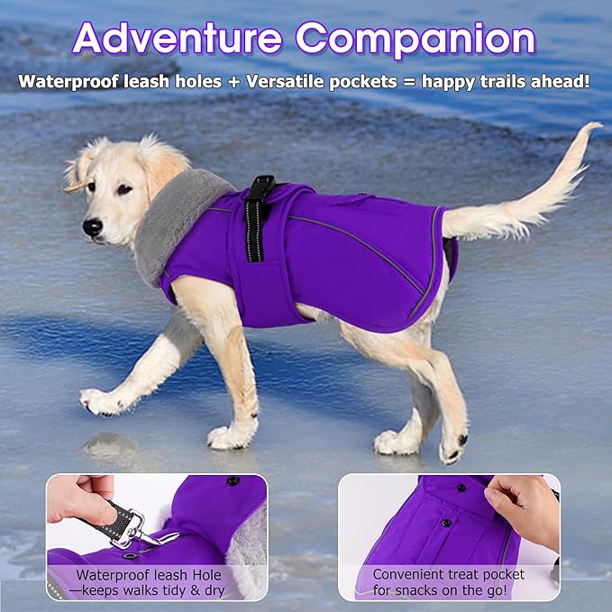 Dogcheer Dog Coat with Pocket, Waterproof Dog Jacket with Adjustable Buckle, Reflective Puppy Winter Coat Warm Turtleneck Fleece SnowJacket for Small Medium Large Dogs - Purple S