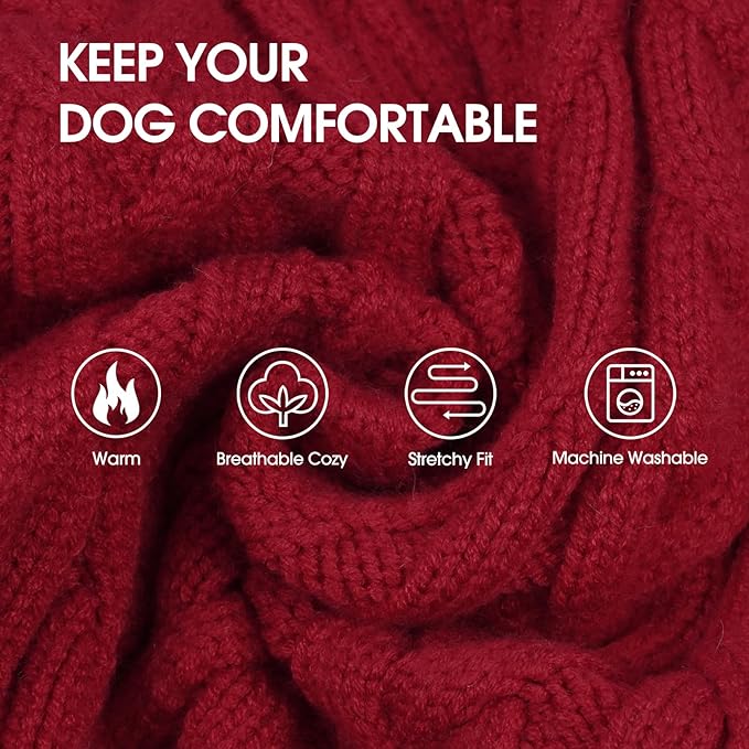 IECOii Girl Dog Sweater Dress - Cable Knit Dog Sweater for Medium Dogs Girl, Red,Large - Turtleneck Winter Sweaters with Leash Hole, Soft & Stretchy Adorable Dress for Thanksgiving Christmas Photo