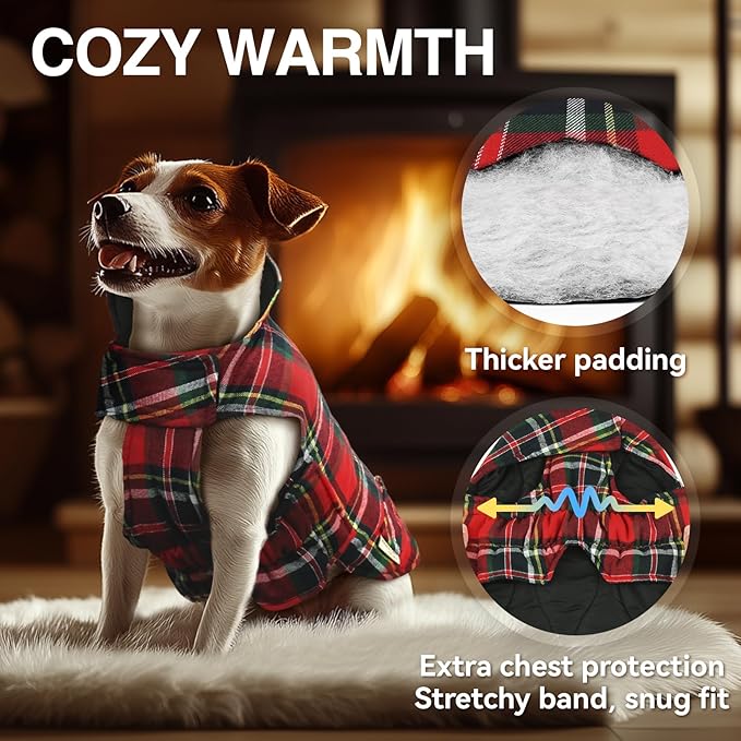 VIVAGLORY Softjoy Dog Coat, Dog Jacket for Winter & Christmas, Coat with Harness Hole & Velcro Closure, Reversible Plaid Checkered Warm Fluffy Heavy Duty for Puppy, S, Red