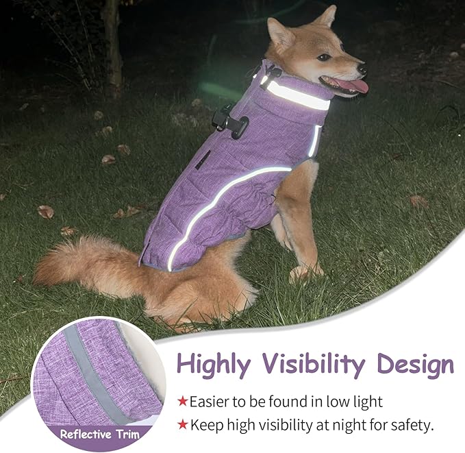 Malier Dog Coat, Reflective Dog Jacket Waterproof Windproof Puppy Cold Weather Coats with Harness Built in, Winter Extra Warm Pet Coat Fleece Vest for Small Large Pets and Puppy (Purple, XX-Large)