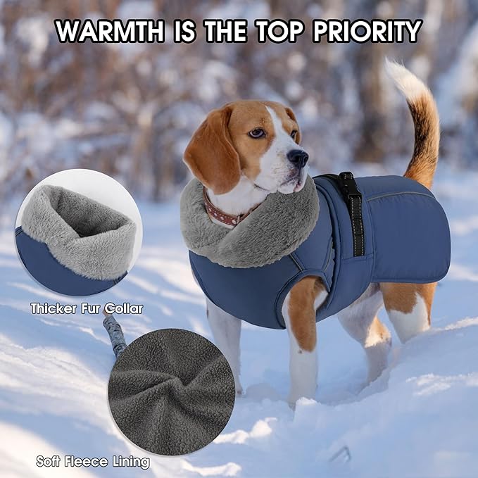 PETDSH Dog Coat Large, Windproof Dog Jacket with Warm Fleece Lining, Thickened Collar Dogs Winter Coat, Adjustable Reflective Pet Coats for Cold Weather (Navy Blue, XX-Large)