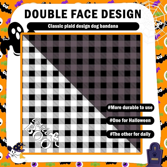 SCENEREAL Halloween Dog Bandanas 2 Pack, Puppy Fall Triangle Bibs Handkerchief Ghost Black Cat, Reversible Holiday Dog Bandana for Boy and Girl, Premium Pet Scarf for Small Medium Large Dogs L
