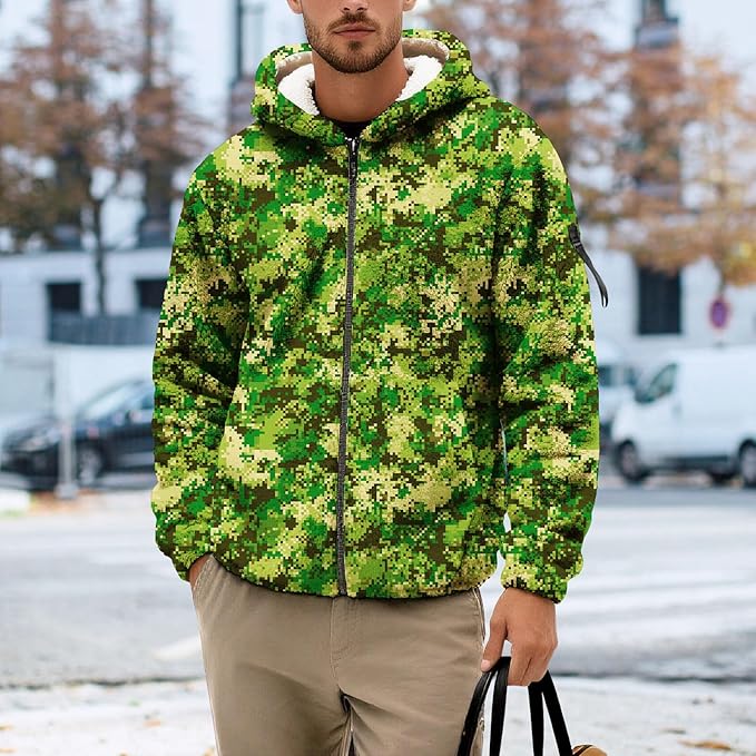 Men's Camouflage Hunting Fleece Lined Hoodie Camo Jackets Zip Up Long Sleeve Casual Winter Coats Hood Outerwear