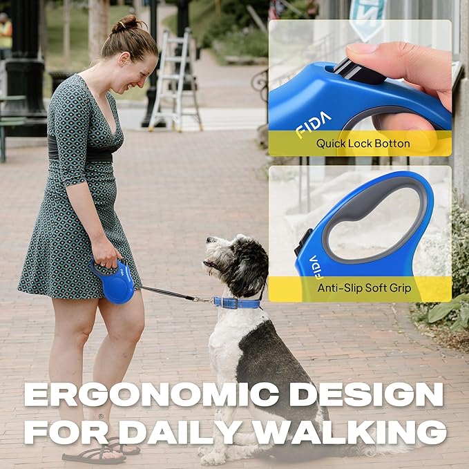 Fida Retractable Dog Leash, 16ft Heavy Duty Pet Walking Leash for Medium/Large Dog up to 110 lbs, Tangle Free. One-Hand Brake (Large, Blue)