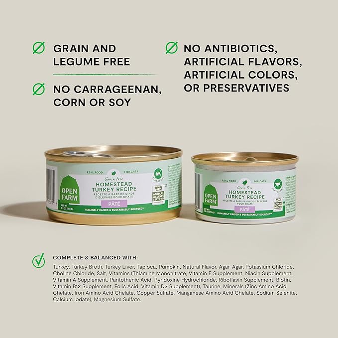 Open Farm Canned Cat Food, Pate for Complete & Balanced Nutrition, Grain Free and Legume-Free Wet Cat Food, Homestead Turkey Recipe, 2.8oz Cans (Case of 18)