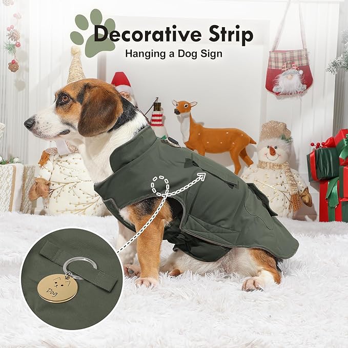 Workwear Style Dog Coats with Harness Built in for Small Dogs Windproof Warm Puppy Jacket with Storage Pockets for Cold Winter,Green XXXL