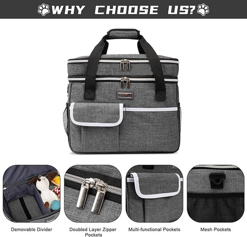 BAGLHER Dog Travel Bag for Supplies - Double-Layer Airline Approved Weekend Pet Travel Organizer Set for Dog and Cat Tote with 2 Pet Food Containers and 2 Collapsible Silicone Bowls Grey
