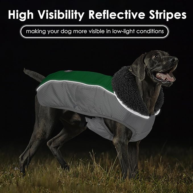Dog Coat, Waterproof Ripstop Dog Winter Jacket with Leash Hole, Reflective Adjustable Warm Pet Fleece Snow Sweater for Small Medium Large Dogs - Green, S
