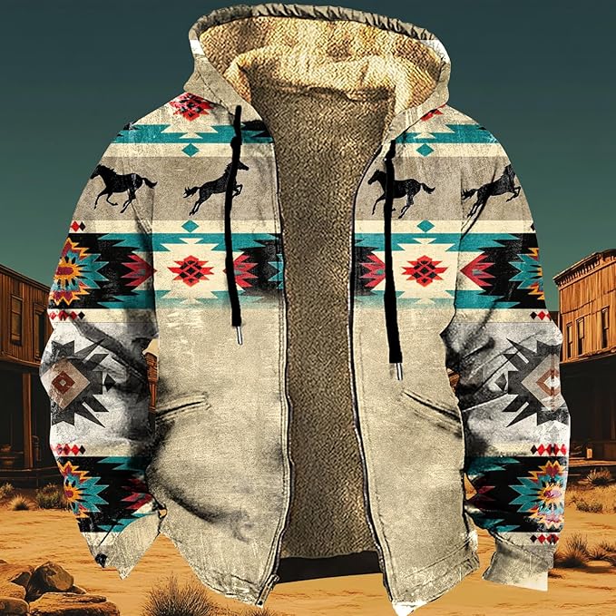 Men's Zip Up Jackets Western Style Ethnic Hoodie Hooded Vintage Long Sleeve Warm Coat Winter Outfits