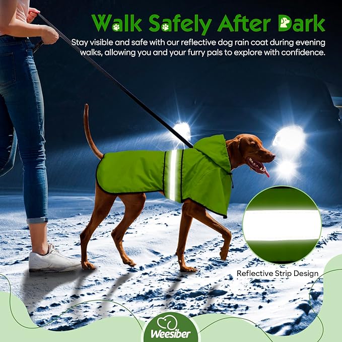 Dog Raincoat - Waterproof Dog Rain Jacket with Leash Hole, Lightweight Hooded Pet Rain Coats, Reflective Doggy Slicker Poncho for Dogs Walking(M, Green)
