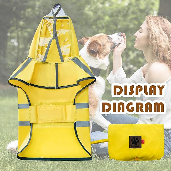 Dog Raincoat, Adjustable Rain Jacket with Hooded Double Layer for Large Medium Small Dogs Puppies, Lightweight Waterproof Rain Coat Poncho with Reflective Stripe Yellow,L